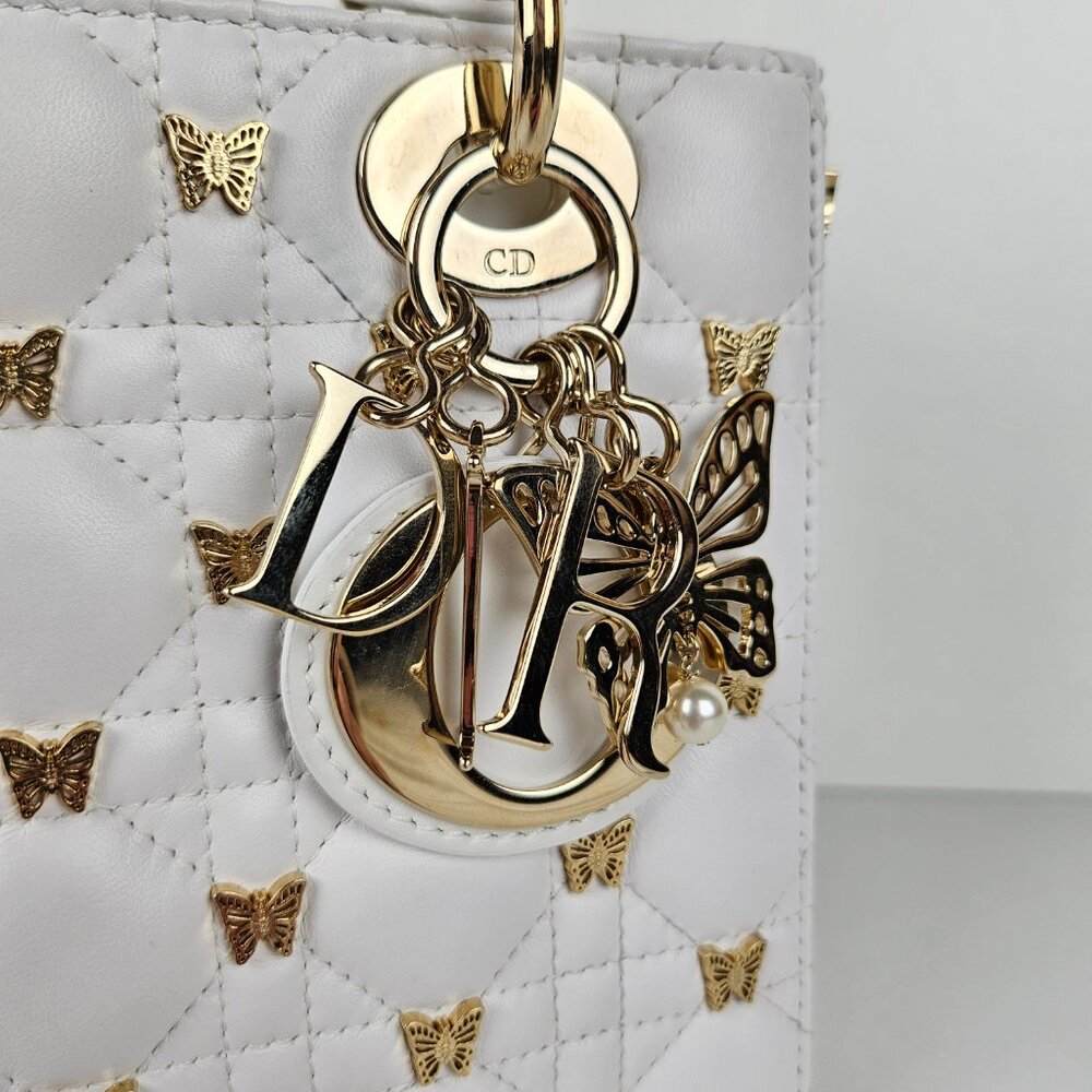 SOLD Dior Small Lady White Cannage Lambskin With Gold-Finish Butterfly Studs - Picture 6 of 13